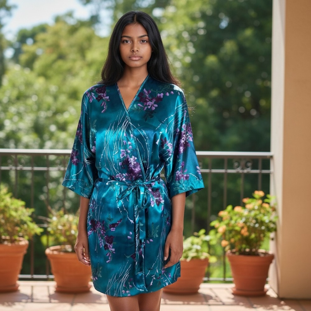 Vintage 80s Angelique Floral Satin Kimono Robe Teal OSFM